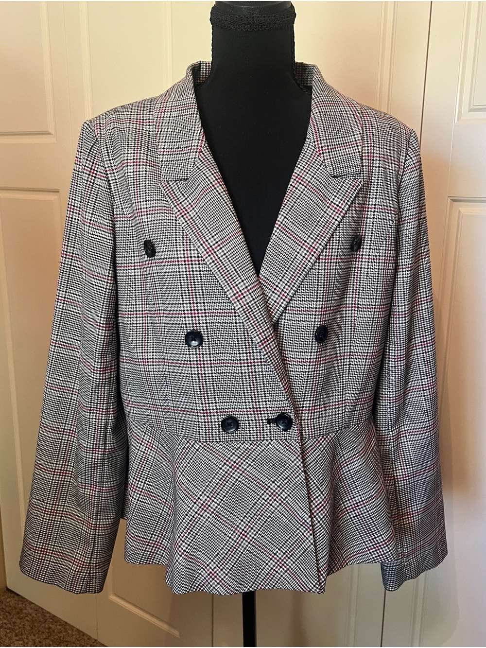 Cato Double-Breasted Black and Pink Plaid Peplum Jacket